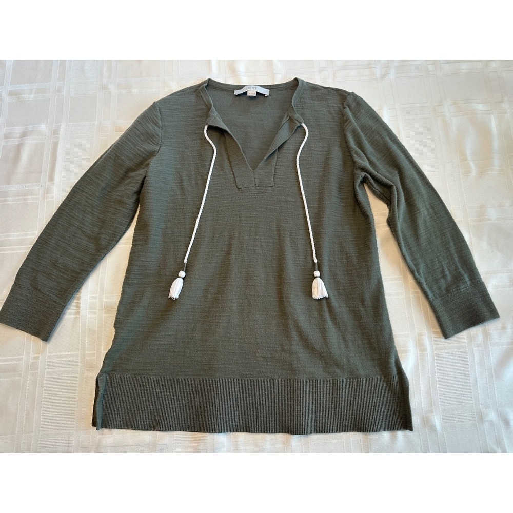 Loft Sweater Womens S Green Tassel Tie V-Neck Slub Knit 3/4 Sleeve Tunic Top